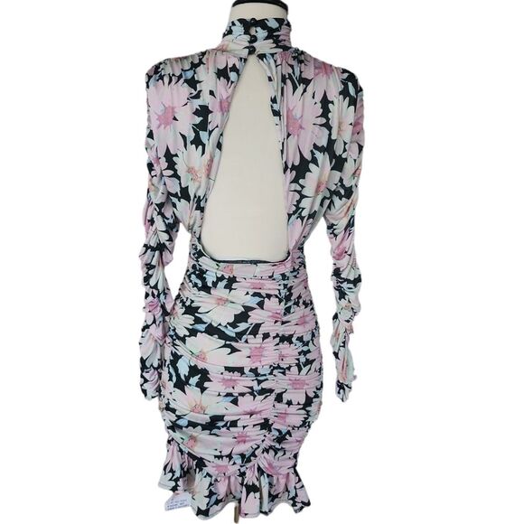 Asos Floral Mini Dress Women's Size 6 Bloomcore Ruched Ruffled Black Cut Out - Picture 3 of 7